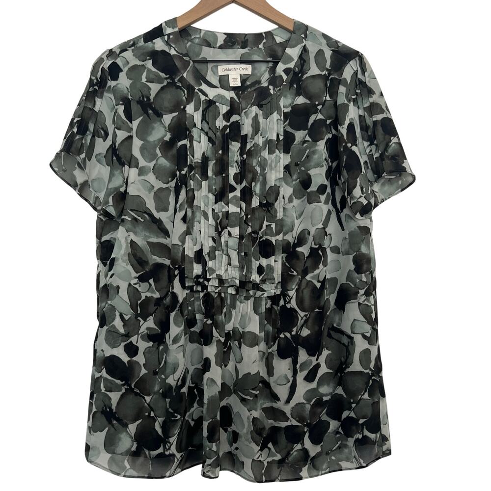 Coldwater Creek Floral Chiffon Pleated Top Women Size L Office Whimsical Multi